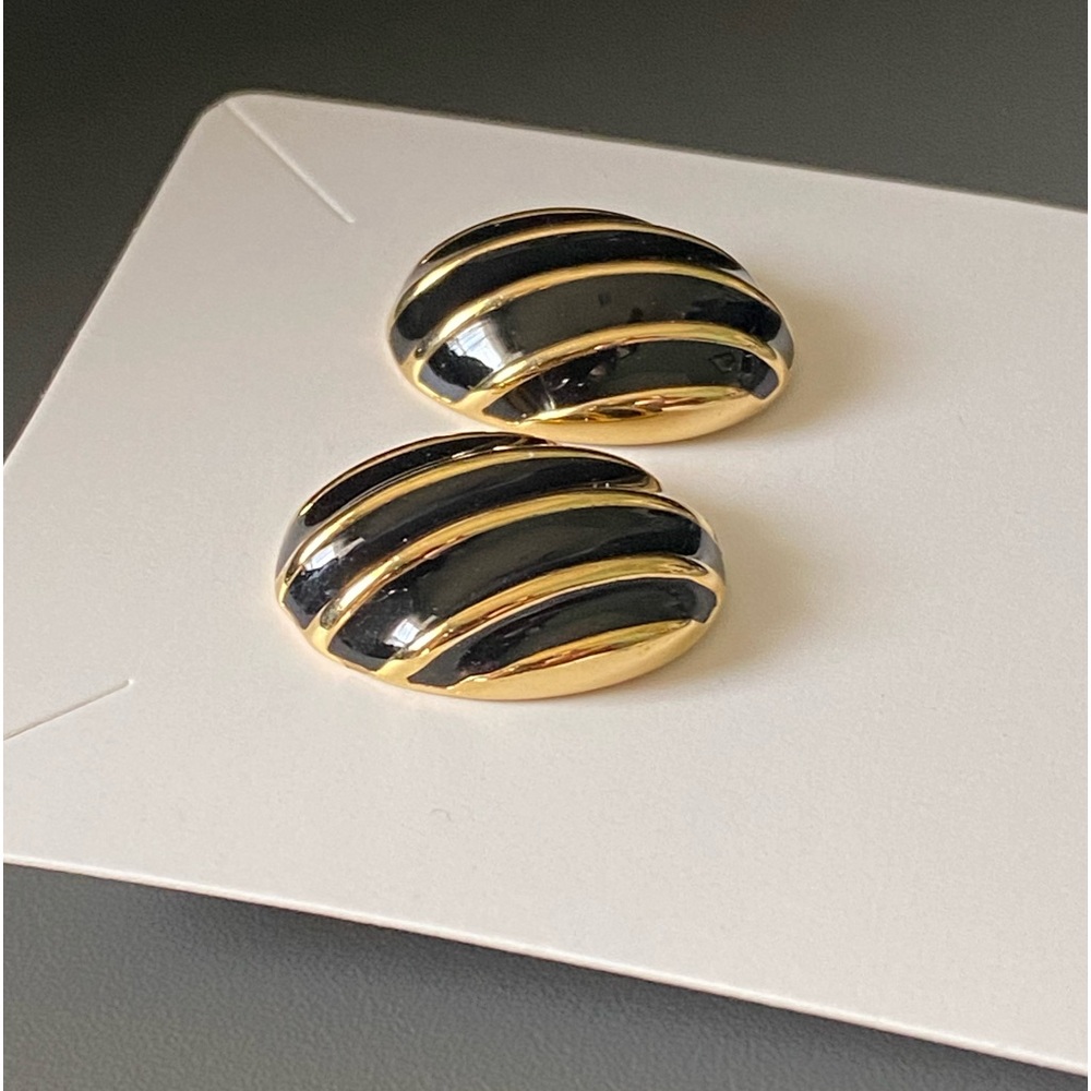 Vintage Black Enamel Gold Tone Stripes Pierced Post Earrings